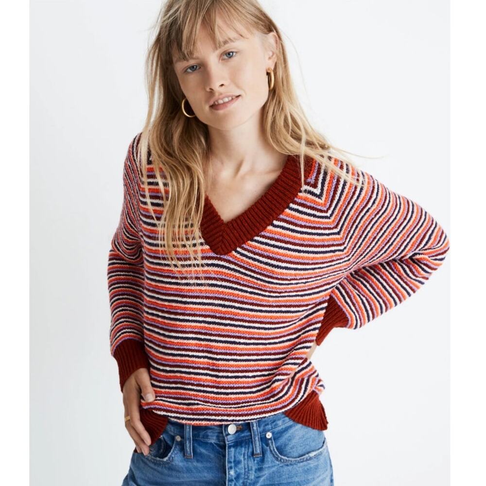 NWT Madewell Arden V-Neck Crop‎ Pullover Sweater in Stripe Women's S Cotton Knit
